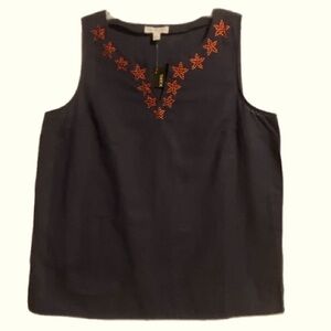 Linen NWT Boho Western Blouse Relaxed Sleeveless Dark Navy Studs Red Stars Gifts